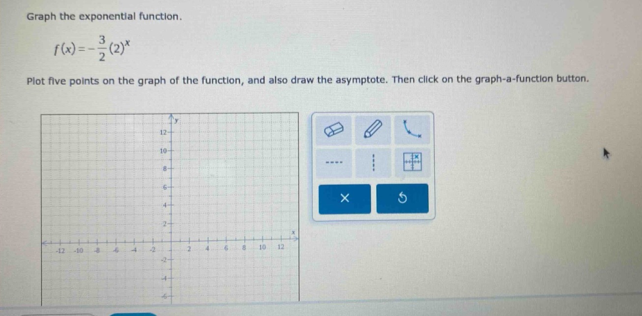 graph the exponential function.\n\n$f(x)=-\\frac{3}{2}(2)^{x}$\n\nplot five points on the graph of the function, and also draw the asymptote. then click on the graph - a - function button.