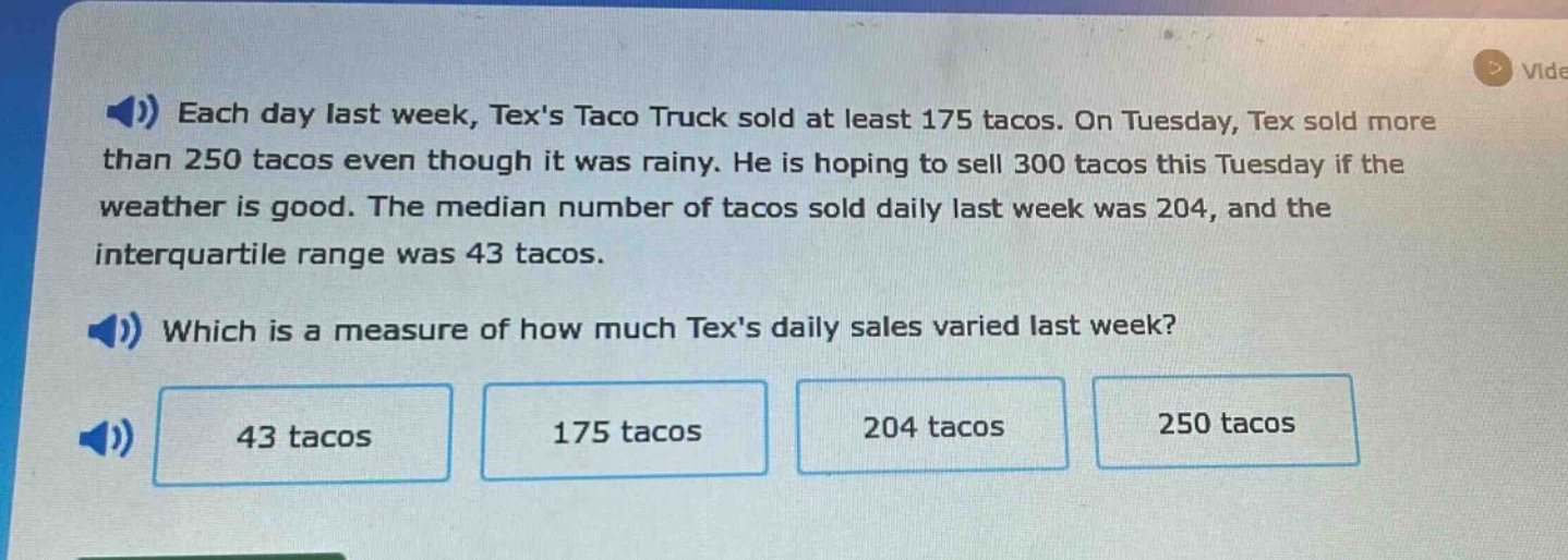 each day last week, texs taco truck sold at least 175 tacos. on tuesday, tex sold more than 250 tacos even though it was rainy. he is hoping to sell 300 tacos this tuesday if the weather is good. the median number of tacos sold daily last week was 204, and the interquartile range was 43 tacos. which is a measure of how much texs daily sales varied last week? 43 tacos 175 tacos 204 tacos 250 tacos