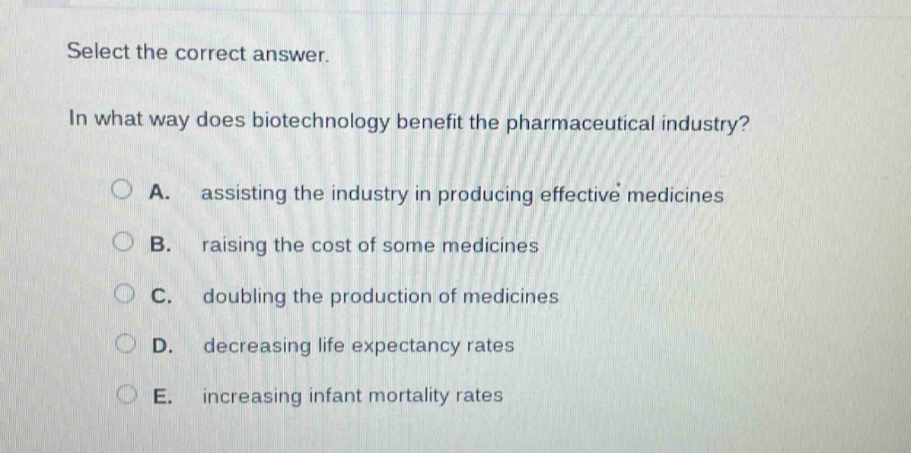 select the correct answer.\nin what way does biotechnology benefit the pharmaceutical industry?\na. assisting the industry in producing effective medicines\nb. raising the cost of some medicines\nc. doubling the production of medicines\nd. decreasing life expectancy rates\ne. increasing infant mortality rates