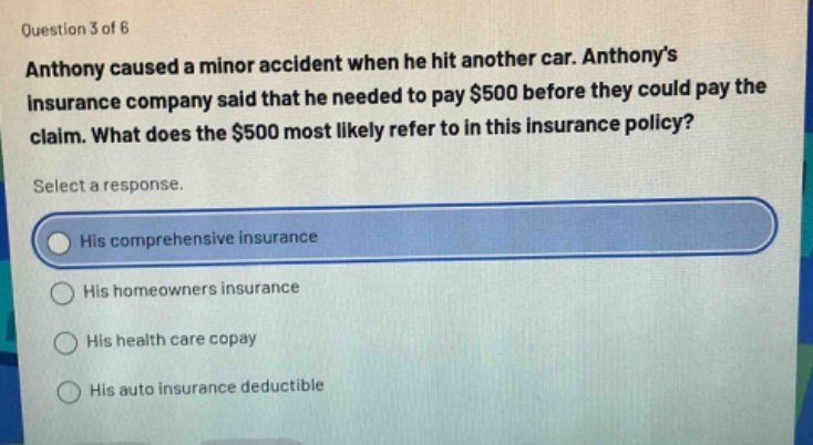 question 3 of 6\nanthony caused a minor accident when he hit another car. anthonys\ninsurance company said that he needed to pay $500 before they could pay the\nclaim. what does the $500 most likely refer to in this insurance policy?\nselect a response.\nhis comprehensive insurance\nhis homeowners insurance\nhis health care copay\nhis auto insurance deductible