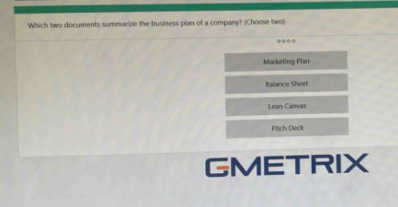 which two documents summarize the business plan of a company? (choose two)\nmarketing plan\nbalance sheet\nlean canvas\npitch deck