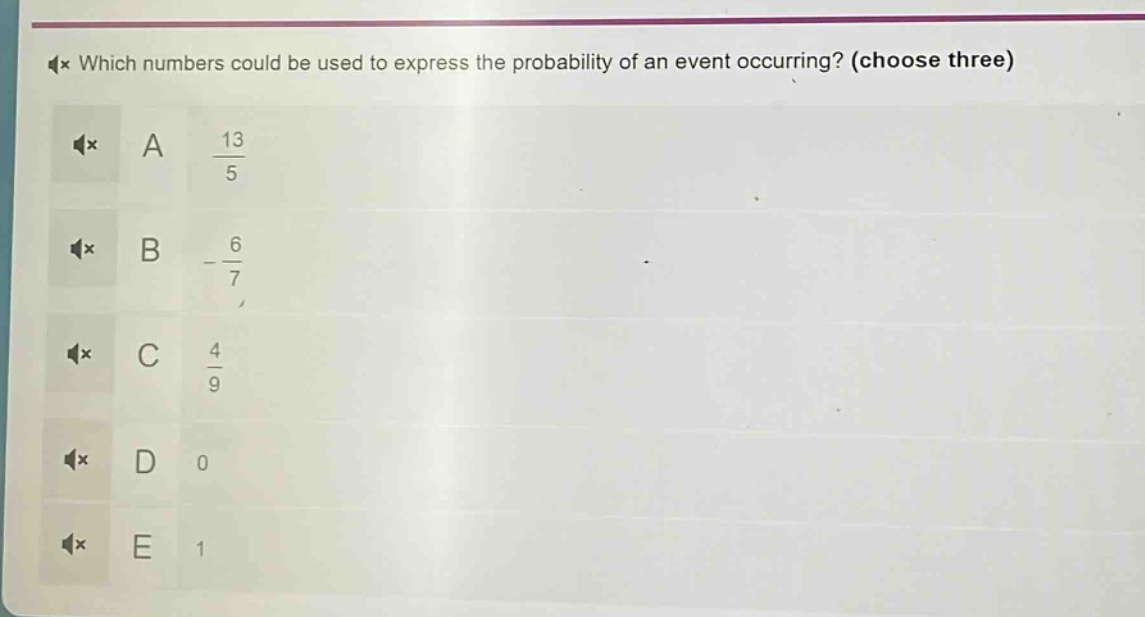 which numbers could be used to express the probability of an event occurring? (choose three)\na $\frac{13}{5}$\nb $-\frac{6}{7}$\nc $\frac{4}{9}$\nd 0\ne 1