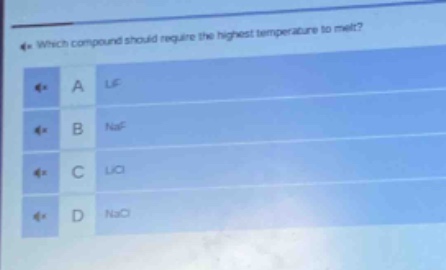 which compound should require the highest temperature to melt? a lif b naf c licl d nacl