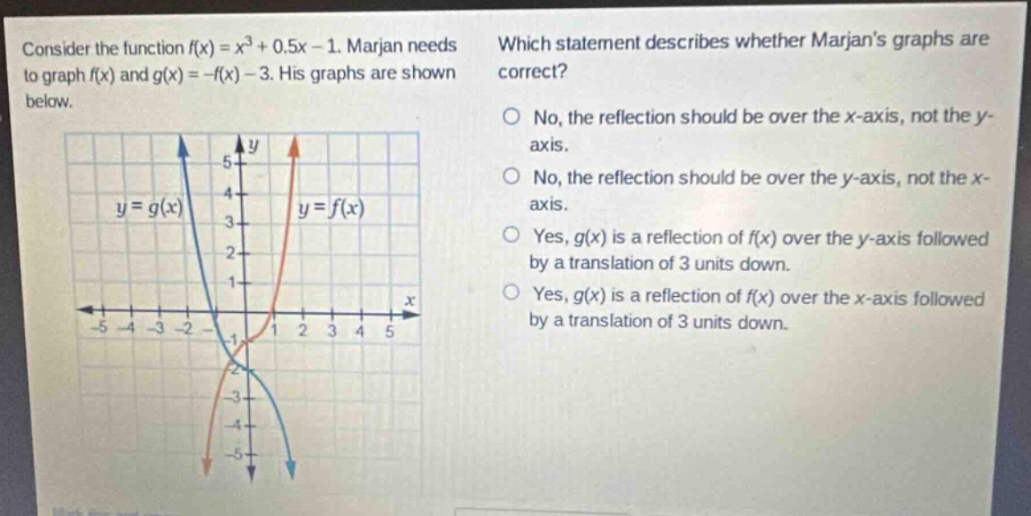 consider the function ( f(x)=x^{3}+0.5x - 1 ). marjan needs to graph ( f(x) ) and ( g(x)=-f(x)-3 ). his graphs are shown below. which statement describes whether marjans graphs are correct? no, the reflection should be over the ( x )-axis, not the ( y )-axis. no, the reflection should be over the ( y )-axis, not the ( x )-axis. yes, ( g(x) ) is a reflection of ( f(x) ) over the ( y )-axis followed by a translation of 3 units down. yes, ( g(x) ) is a reflection of ( f(x) ) over the ( x )-axis followed by a translation of 3 units down.