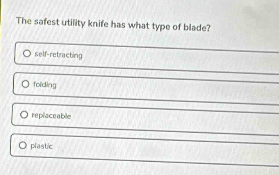 the safest utility knife has what type of blade? self - retracting folding replaceable plastic