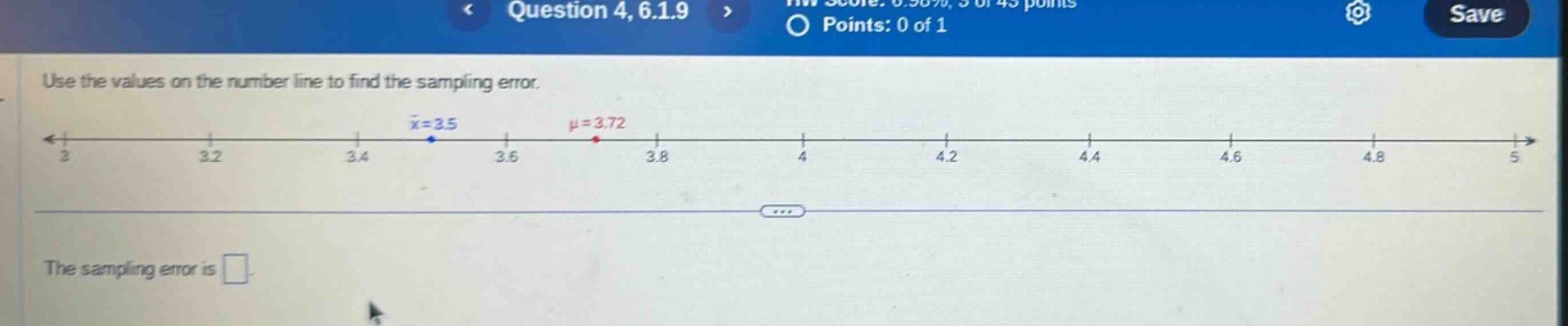 use the values on the number line to find the sampling error.\nthe sampling error is □.