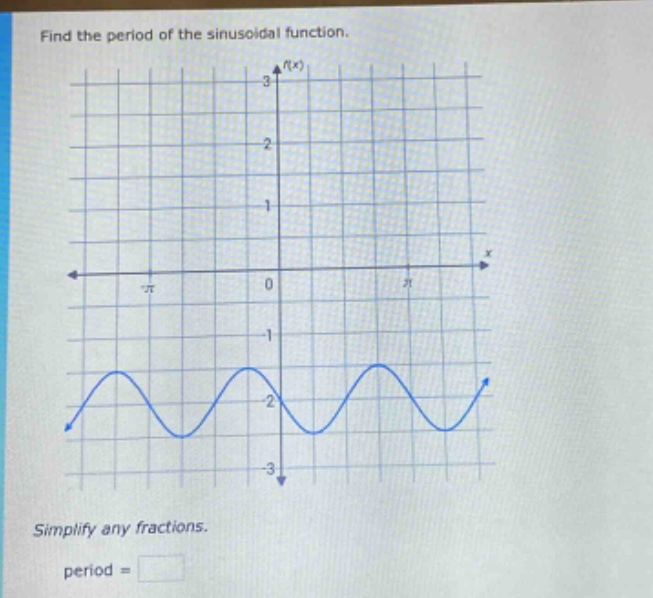 find the period of the sinusoidal function.\nsimplify any fractions.\nperiod = \\square