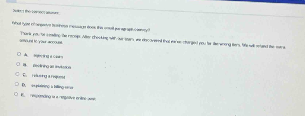 select the correct answer.\nwhat type of negative business message does this email paragraph convey?\nthank you for sending the receipt. after checking with our team, we discovered that weve charged you for the wrong item. we will refund the extra amount to your account.\na. rejecting a claim\nb. declining an invitation\nc. refusing a request\nd. explaining a billing error\ne. responding to a negative online post