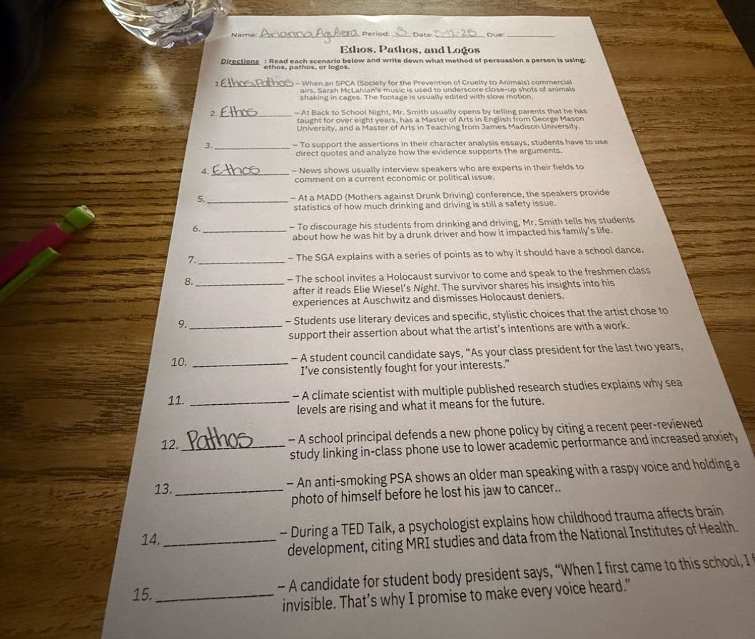 name: ariona arend period date: 01-25 due: ethos, pathos, and logos directions: read each scenario below and write down what method of persuasion a person is using: ethos, pathos, or logos. 1. - when an spca (society for the prevention of cruelty to animals) commercial airs, sarah mclachlans song plays in the background, and a montage of animals shaking in cages. the footage is usually edited with slow motion. 2. - at back to school night, mr. smith usually opens by telling parents that he has taught for over eight years, has a masters degree in education from george mason university, and a master of arts in teaching from james madison university. 3. - to support the assertions in their character analysis essays, students have to use direct quotes and analyze how the evidence supports the arguments. 4. - news shows usually interview speakers who are experts in their fields to comment on a current economic or political issue. 5. - at a madd (mothers against drunk driving) conference, the speakers provide statistics of how much drunk and driving is still a safety issue. 6. - to discourage his students from drinking and driving, mr. smith tells his students about how he was hit by a drunk driver and how it impacted his familys life. 7. - the sga explains with a series of points as to why it should have a school dance. 8. - the school invites a holocaust survivor to come and speak to the freshman class after it reads elie wiesels night. the survivor shares his insights into his experiences at auschwitz and dismisses holocaust deniers. 9. - students use literary devices and specific, stylistic choices that the artist chose to support their assertion about what the artists intentions are with a work. 10. - a student council candidate says, \as your class president for the last two years, ive consistently fought for your interests.\ 11. - a climate scientist with multiple published research studies explains why sea levels are rising and what it means for the future. 12. - a school principal defends a new phone policy by citing a recent peer - reviewed study linking in - class phone use to lower academic performance and increased anxiety. 13. - an anti - smoking psa shows an older man speaking with a raspy voice and holding a photo of himself before he lost his jaw to cancer.. 14. - during a ted talk, a psychologist explains how childhood trauma affects brain development, citing mri studies and data from the national institutes of health. 15. - a candidate for student body president says, \when i first came to this school, i invisible. thats why i promise to make every voice heard.\