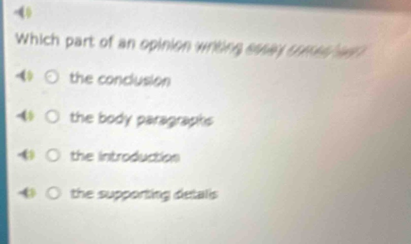 which part of an opinion writing essay comes last? the conclusion the body paragraphs the introduction the supporting details