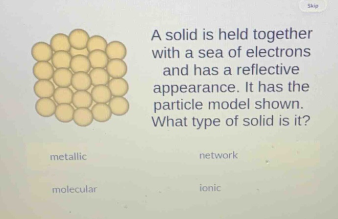 a solid is held together with a sea of electrons and has a reflective appearance. it has the particle model shown. what type of solid is it? metallic network molecular ionic