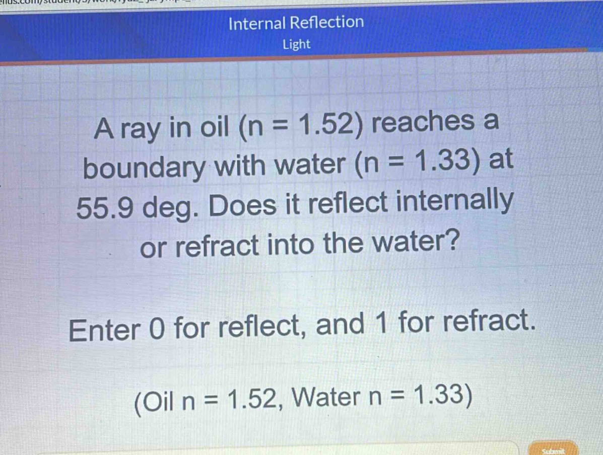 a ray in oil (n = 1.52) reaches a boundary with water (n = 1.33) at 55.9 deg. does it reflect internally or refract into the water? enter 0 for reflect, and 1 for refract. (oil n = 1.52, water n = 1.33)