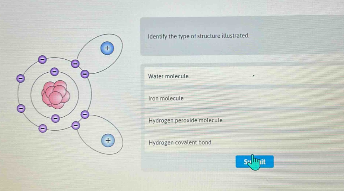 identify the type of structure illustrated. water molecule iron molecule hydrogen peroxide molecule hydrogen covalent bond
