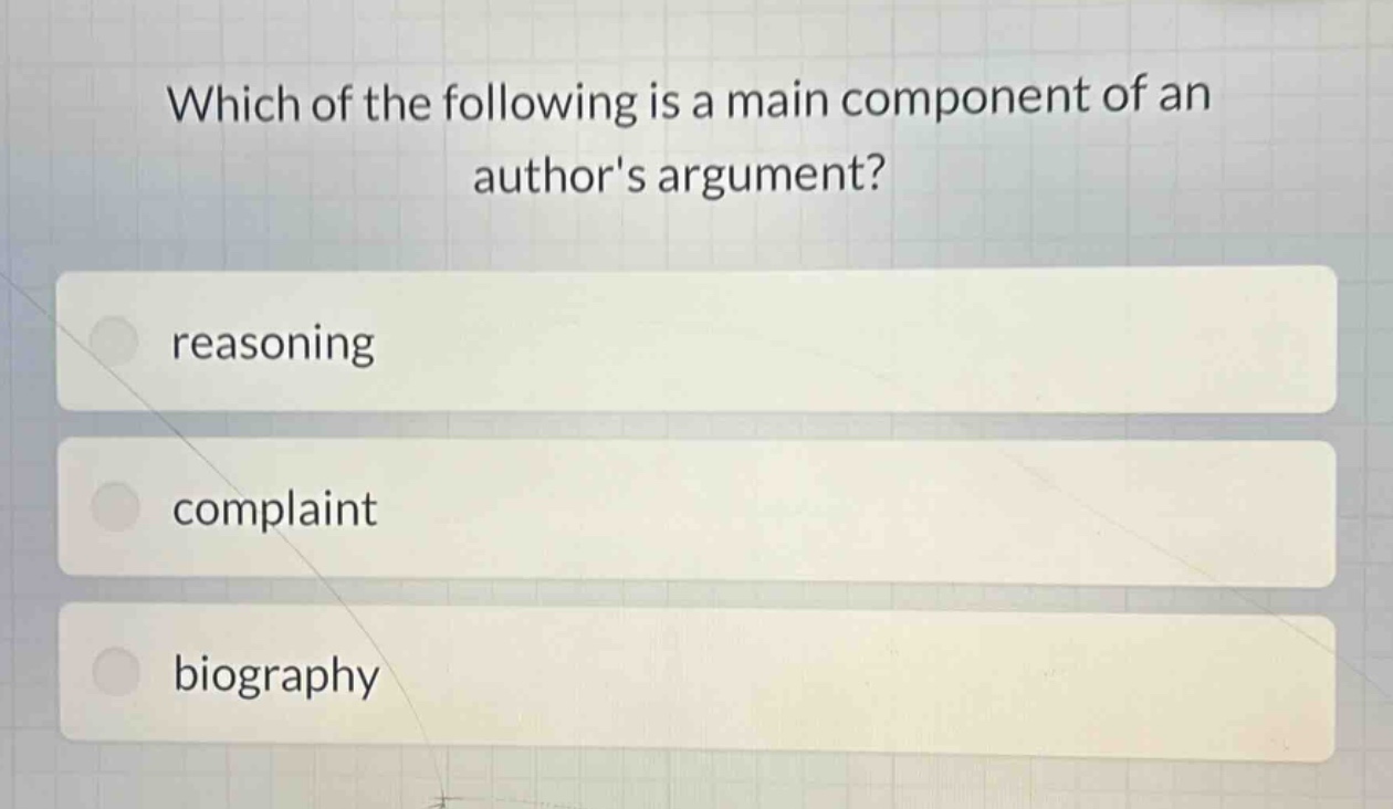 which of the following is a main component of an authors argument?\nreasoning\ncomplaint\nbiography