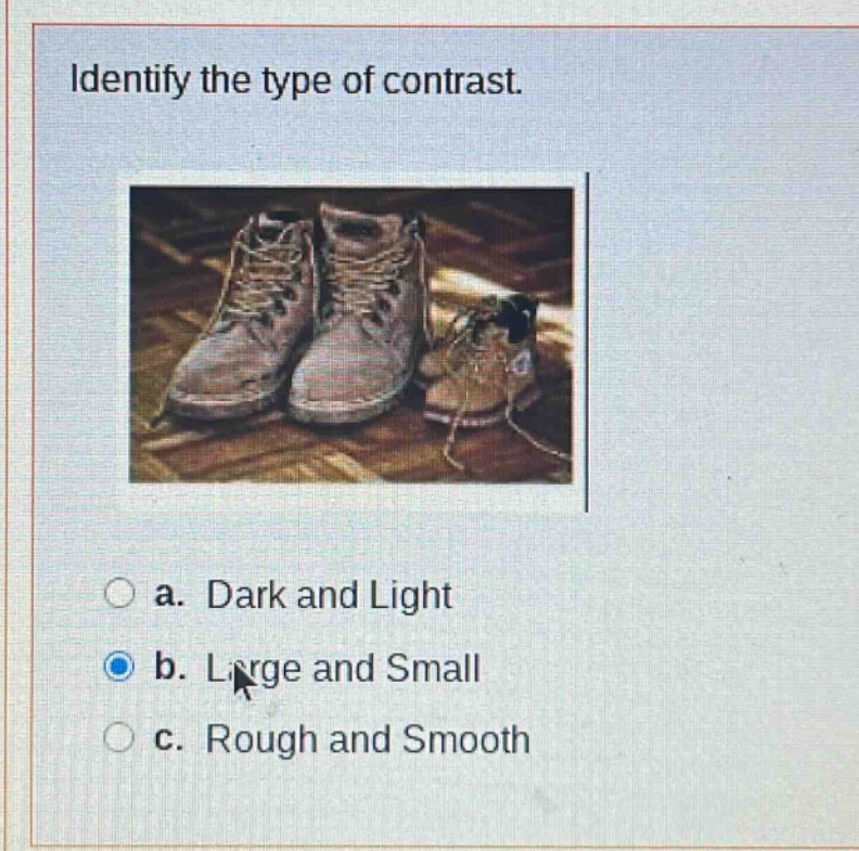 identify the type of contrast.\na. dark and light\nb. large and small\nc. rough and smooth