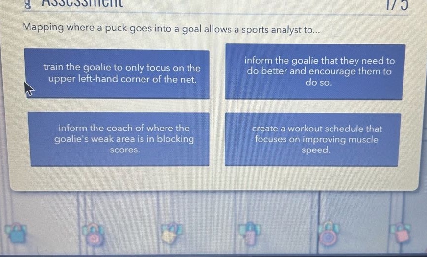 mapping where a puck goes into a goal allows a sports analyst to...\ntrain the goalie to only focus on the upper left - hand corner of the net. inform the goalie that they need to do better and encourage them to do so.\ninform the coach of where the goalies weak area is in blocking scores. create a workout schedule that focuses on improving muscle speed.
