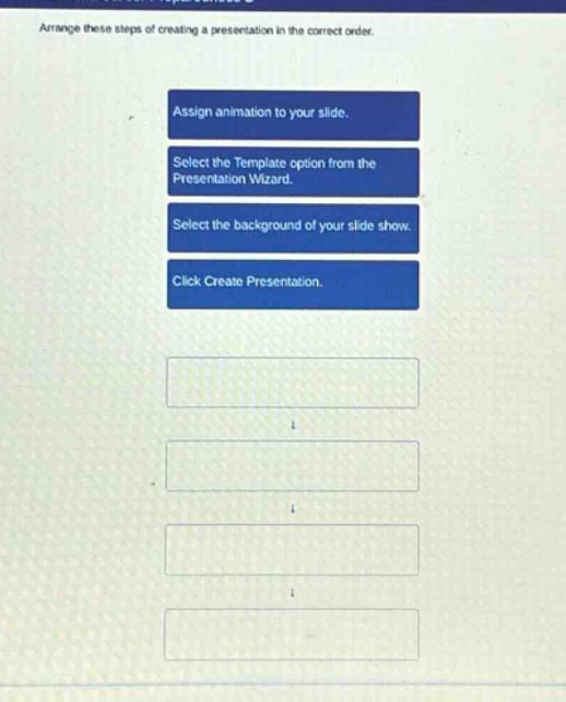 arrange these steps of creating a presentation in the correct order. assign animation to your slide. select the template option from the presentation wizard. select the background of your slide show. click create presentation.