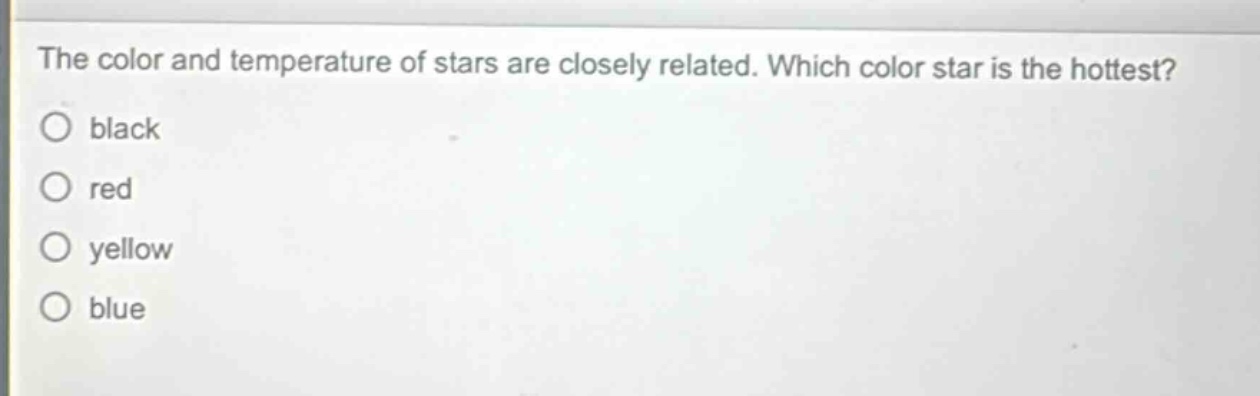 the color and temperature of stars are closely related. which color star is the hottest? black red yellow blue