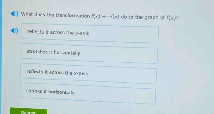 what does the transformation ( f(x)\to -f(x) ) do to the graph of ( f(x) )? reflects it across the ( y )-axis stretches it horizontally reflects it across the ( x )-axis shrinks it horizontally