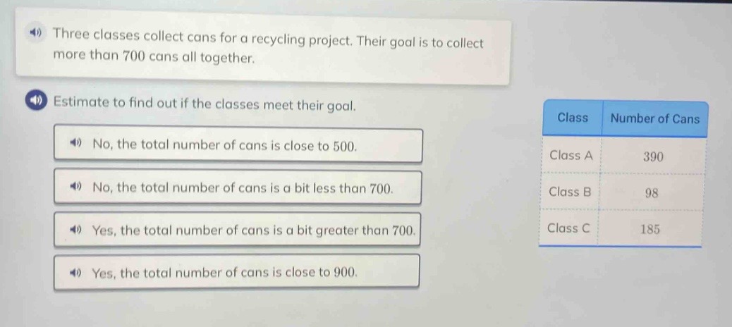three classes collect cans for a recycling project. their goal is to collect more than 700 cans all together. estimate to find out if the classes meet their goal. no, the total number of cans is close to 500. no, the total number of cans is a bit less than 700. yes, the total number of cans is a bit greater than 700. yes, the total number of cans is close to 900. class number of cans class a 390 class b 98 class c 185