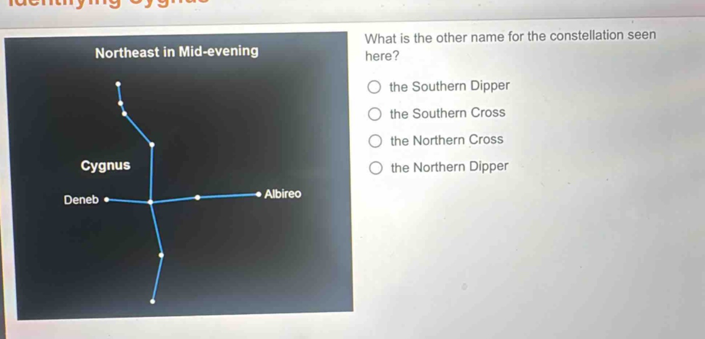 what is the other name for the constellation seen here?\n○ the southern dipper\n○ the southern cross\n○ the northern cross\n○ the northern dipper
