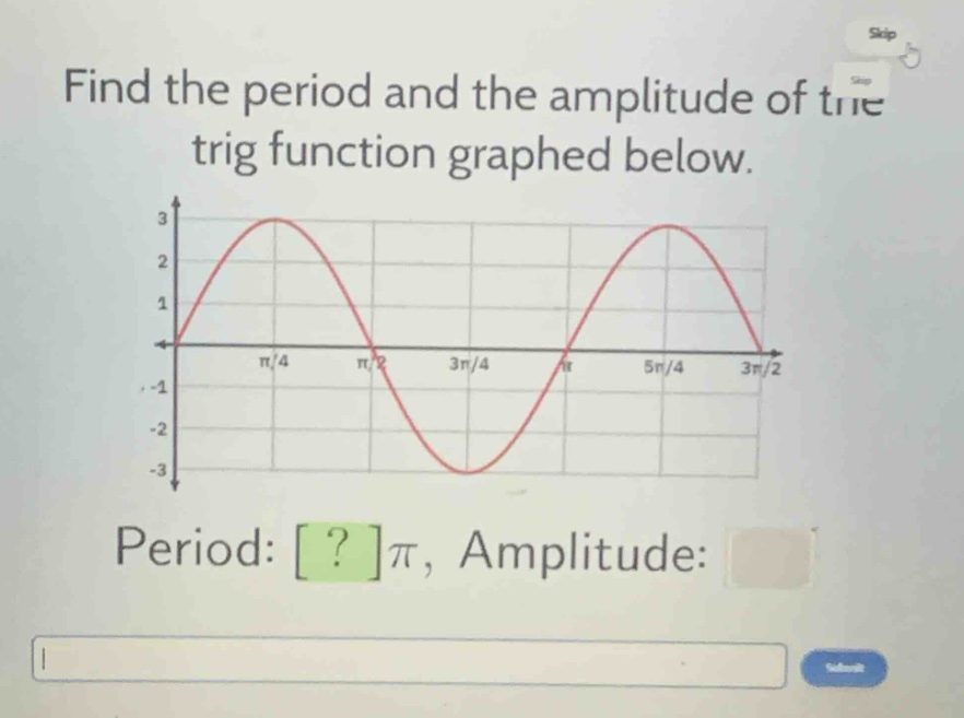 find the period and the amplitude of the trig function graphed below. period: ?π, amplitude: