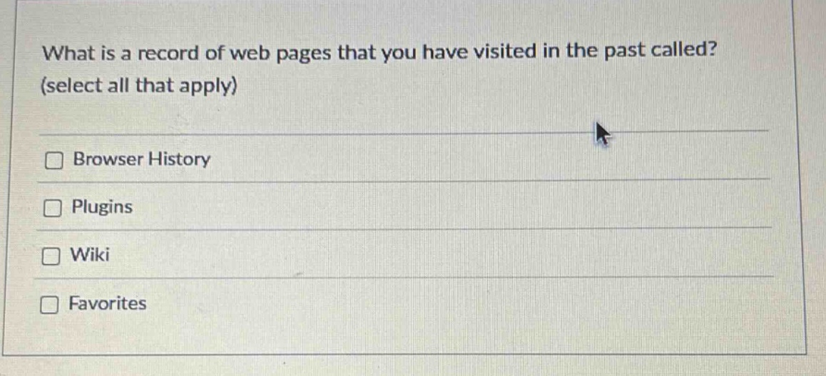 what is a record of web pages that you have visited in the past called? (select all that apply) browser history plugins wiki favorites
