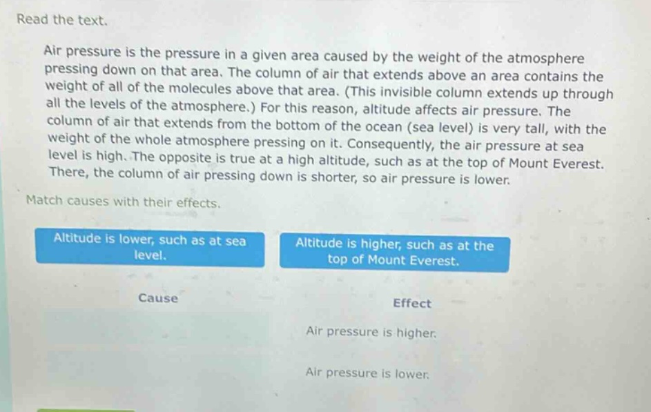 read the text.\nair pressure is the pressure in a given area caused by the weight of the atmosphere pressing down on that area. the column of air that extends above an area contains the weight of all of the molecules above that area. (this invisible column extends up through all the levels of the atmosphere.) for this reason, altitude affects air pressure. the column of air that extends from the bottom of the ocean (sea level) is very tall, with the weight of the whole atmosphere pressing on it. consequently, the air pressure at sea level is high. the opposite is true at a high altitude, such as at the top of mount everest. there, the column of air pressing down is shorter, so air pressure is lower.\nmatch causes with their effects.\naltitude is lower, such as at sea level.\naltitude is higher, such as at the top of mount everest.\ncause\neffect\nair pressure is higher.\nair pressure is lower.