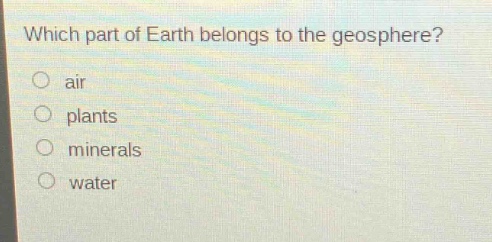 which part of earth belongs to the geosphere?\nair\nplants\nminerals\nwater