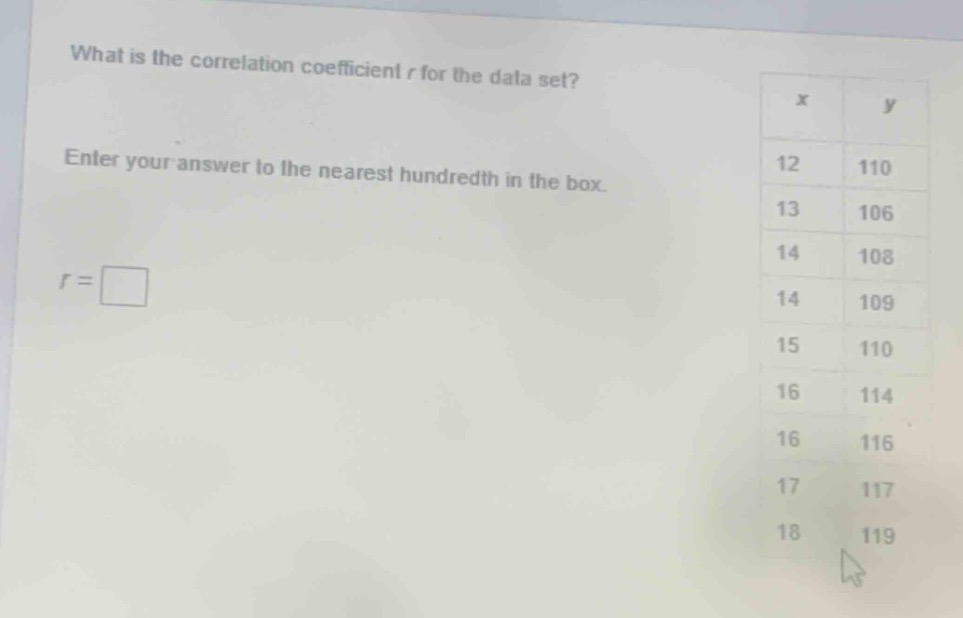 what is the correlation coefficient r for the data set? enter your answer to the nearest hundredth in the box. r =