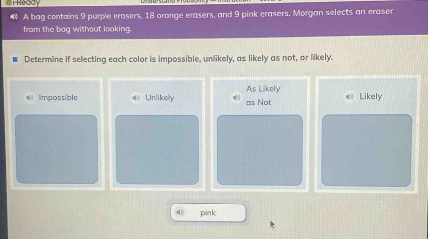 a bag contains 9 purple erasers, 18 orange erasers, and 9 pink erasers. morgan selects an eraser from the bag without looking. determine if selecting each color is impossible, unlikely, as likely as not, or likely.