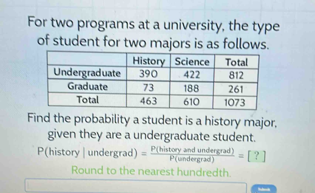 for two programs at a university, the type of student for two majors is as follows.\n| | history | science | total |\n|--|--|--|--|\n| undergraduate | 390 | 422 | 812 |\n| graduate | 73 | 188 | 261 |\n| total | 463 | 610 | 1073 |\nfind the probability a student is a history major, given they are a undergraduate student.\np(history | undergrad) = \\frac{p(history and undergrad)}{p(undergrad)} = ?\nround to the nearest hundredth.