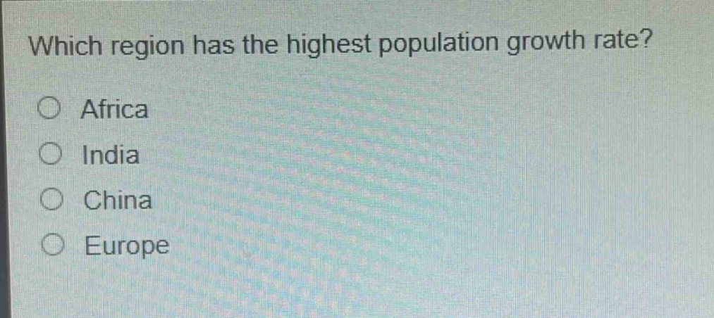 which region has the highest population growth rate?\no africa\no india\no china\no europe