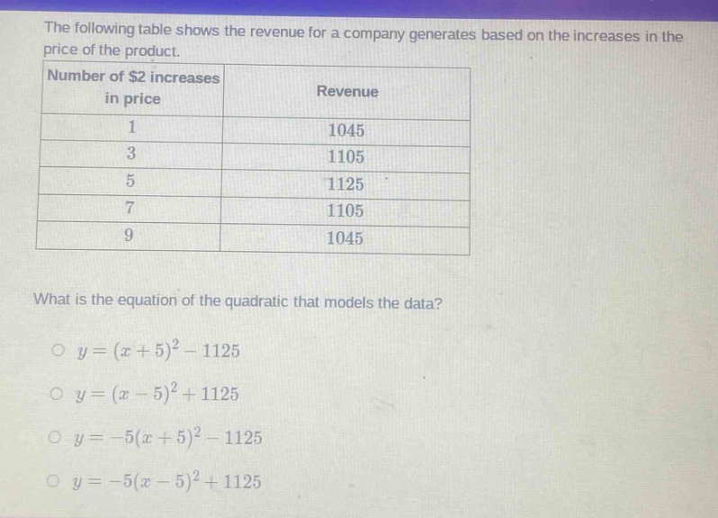 the following table shows the revenue for a company generates based on the increases in the price of the product.\n|number of $2 increases in price|revenue|\n|----|----|\n|1|1045|\n|3|1105|\n|5|1125|\n|7|1105|\n|9|1045|\nwhat is the equation of the quadratic that models the data?\no $y=(x + 5)^2-1125$\no $y=(x - 5)^2+1125$\no $y=-5(x + 5)^2-1125$\no $y=-5(x - 5)^2+1125$