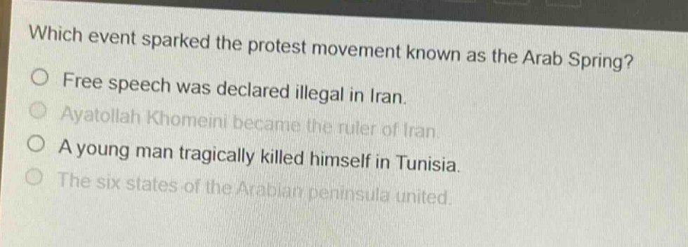 which event sparked the protest movement known as the arab spring?\no free speech was declared illegal in iran.\no ayatollah khomeini became the ruler of iran.\no a young man tragically killed himself in tunisia.\no the six states of the arabian peninsula united.