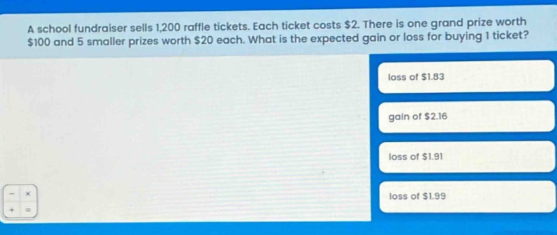 a school fundraiser sells 1,200 raffle tickets. each ticket costs $2. there is one grand prize worth $100 and 5 smaller prizes worth $20 each. what is the expected gain or loss for buying 1 ticket? loss of $1.83 gain of $2.16 loss of $1.91 loss of $1.99