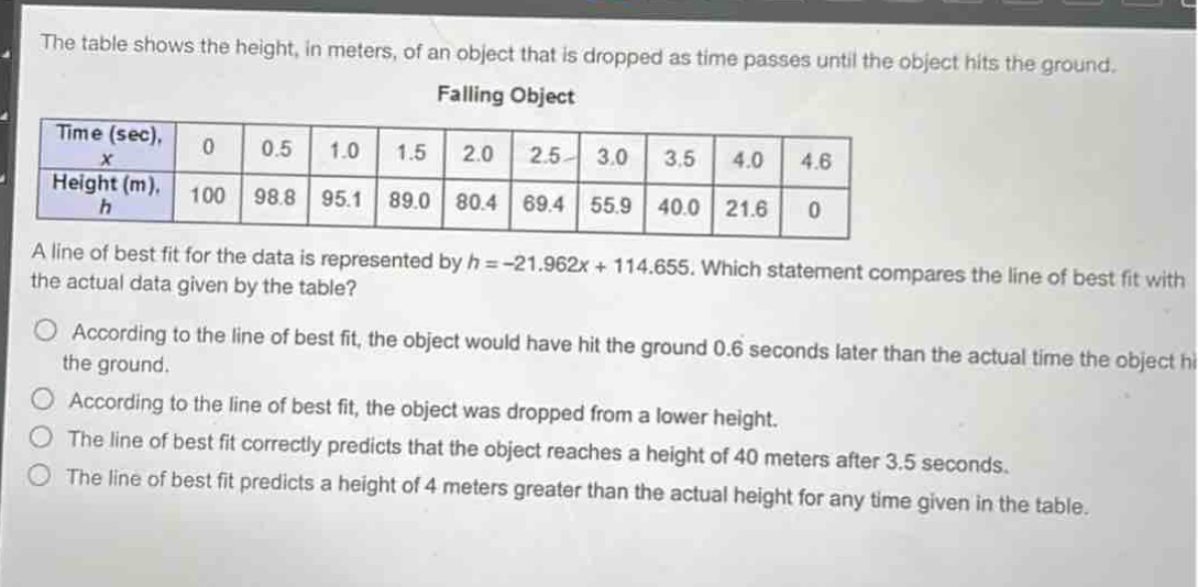 the table shows the height, in meters, of an object that is dropped as time passes until the object hits the ground. falling object\n| time (sec), $x$ | 0 | 0.5 | 1.0 | 1.5 | 2.0 | 2.5 | 3.0 | 3.5 | 4.0 | 4.6 |\n| height (m), $h$ | 100 | 98.8 | 95.1 | 89.0 | 80.4 | 69.4 | 55.9 | 40.0 | 21.6 | 0 |\na line of best fit for the data is represented by $h=-21.962x + 114.655$. which statement compares the line of best fit with the actual data given by the table?\naccording to the line of best fit, the object would have hit the ground 0.6 seconds later than the actual time the object hit the ground.\naccording to the line of best fit, the object was dropped from a lower height.\nthe line of best fit correctly predicts that the object reaches a height of 40 meters after 3.5 seconds.\nthe line of best fit predicts a height of 4 meters greater than the actual height for any time given in the table.