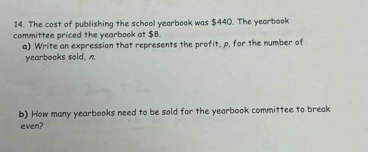 14. the cost of publishing the school yearbook was $440. the yearbook committee priced the yearbook at $8.\na) write an expression that represents the profit, p, for the number of yearbooks sold, n.\nb) how many yearbooks need to be sold for the yearbook committee to break even?