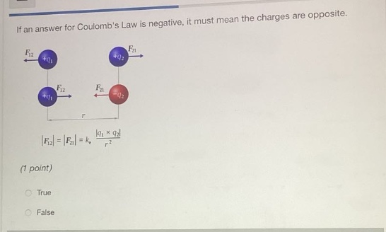 if an answer for coulombs law is negative, it must mean the charges are opposite.\n(1 point)\ntrue\nfalse