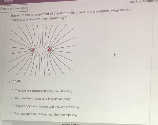 based on the arrangement of the electric field lines in the diagram, what are the charges and how are they interacting? (1 point) they are like charges and they are attracting. they are like charges and they are repelling. they are opposite charges and they are attracting. they are opposite charges and they are repelling.