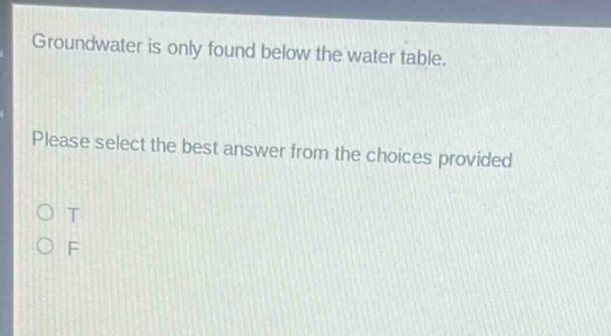 groundwater is only found below the water table. please select the best answer from the choices provided\no t\no f