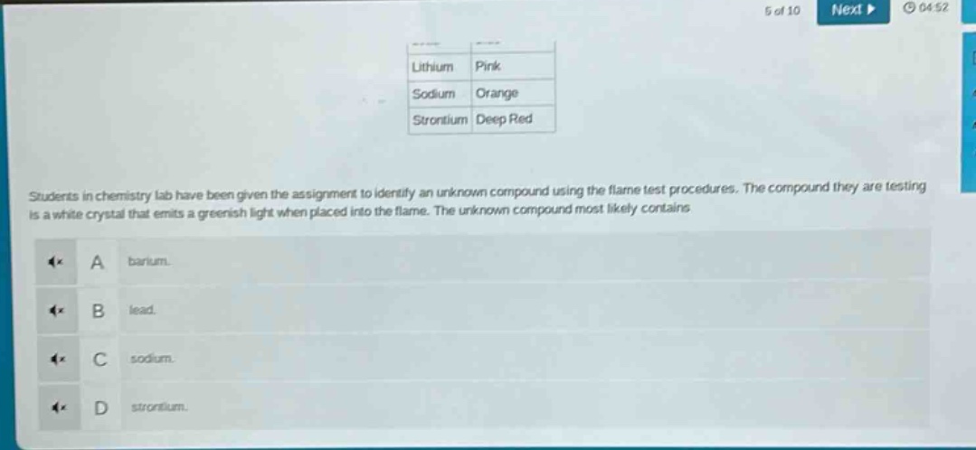 students in chemistry lab have been given the assignment to identify an unknown compound using the flame - test procedures. the compound they are testing is a white crystal that emits a greenish light when placed into the flame. the unknown compound most likely contains\na barium.\nb lead.\nc sodium.\nd strontium.