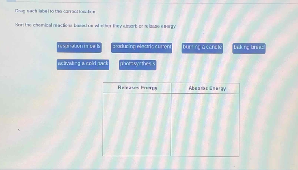 drag each label to the correct location. sort the chemical reactions based on whether they absorb or release energy. respiration in cells producing electric current burning a candle baking bread activating a cold pack photosynthesis releases energy absorbs energy