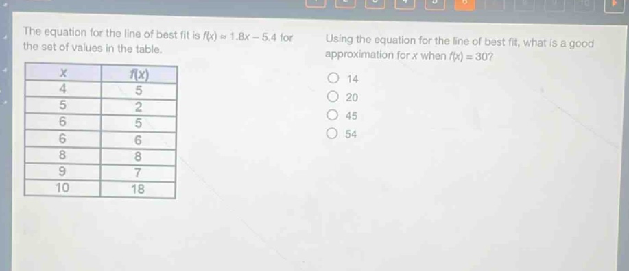 the equation for the line of best fit is $f(x)approx1.8x - 5.4$ for the set of values in the table. using the equation for the line of best fit, what is a good approximation for $x$ when $f(x)=30$?\n| $x$ | $f(x)$ |\n| ---- | ---- |\n| 4 | 5 |\n| 5 | 2 |\n| 6 | 5 |\n| 6 | 6 |\n| 8 | 8 |\n| 9 | 7 |\n| 10 | 18 |\no 14\no 20\no 45\no 54