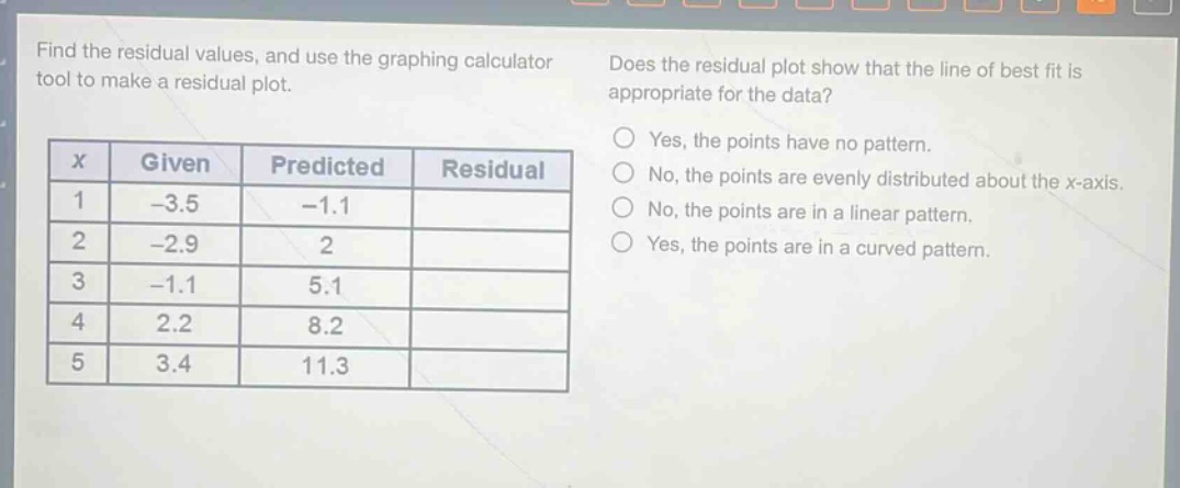 find the residual values, and use the graphing calculator tool to make a residual plot.\ndoes the residual plot show that the line of best fit is appropriate for the data?\n|x|given|predicted|residual|\n|----|----|----|----|\n|1|-3.5|-1.1|\n|2|-2.9|2|\n|3|-1.1|5.1|\n|4|2.2|8.2|\n|5|3.4|11.3|\no yes, the points have no pattern.\no no, the points are evenly distributed about the x - axis.\no no, the points are in a linear pattern.\no yes, the points are in a curved pattern.