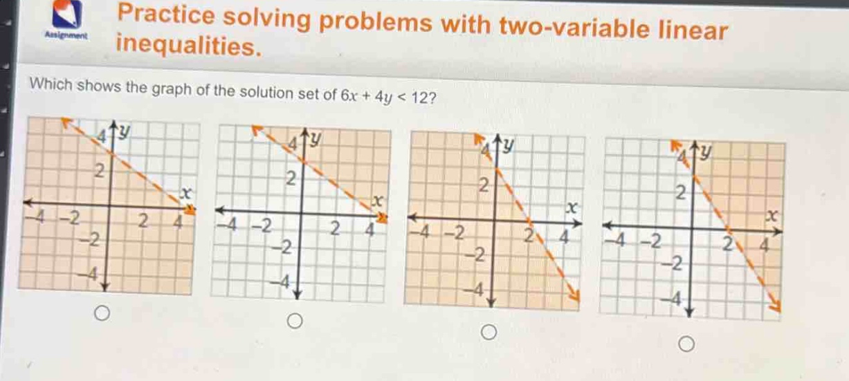 practice solving problems with two - variable linear inequalities. which shows the graph of the solution set of 6x + 4y < 12?