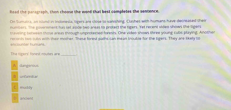read the paragraph, then choose the word that best completes the sentence. on sumatra, an island in indonesia, tigers are close to vanishing. clashes with humans have decreased their numbers. the government has set aside two areas to protect the tigers. yet recent video shows the tigers traveling between those areas through unprotected forests. one video shows three young cubs playing. another records two cubs with their mother. these forest paths can mean trouble for the tigers. they are likely to encounter humans. the tigers forest routes are _______. a dangerous b unfamiliar c muddy d ancient