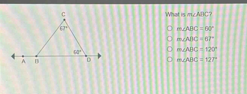 what is m∠abc?\no m∠abc = 60°\no m∠abc = 67°\no m∠abc = 120°\no m∠abc = 127°