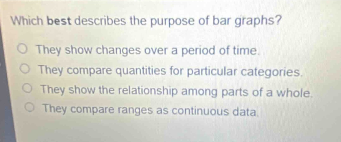 which best describes the purpose of bar graphs?\no they show changes over a period of time.\no they compare quantities for particular categories.\no they show the relationship among parts of a whole.\no they compare ranges as continuous data.