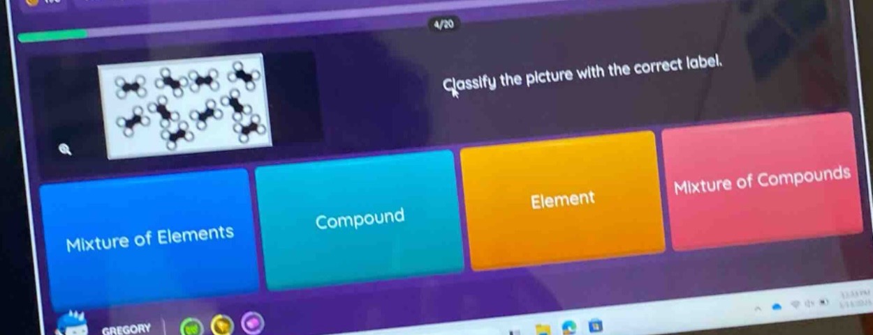 classify the picture with the correct label. mixture of elements compound element mixture of compounds